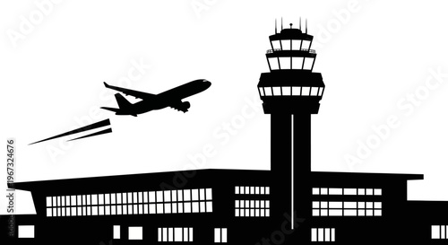 Silhouette of an airplane taking off from an airport with a control tower and terminal building.