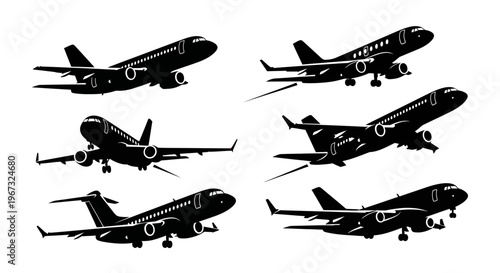 Collection of various airplane silhouettes in flight.