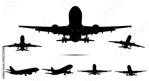 Set of airplane silhouettes in various flight positions.