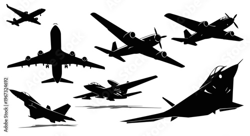 Collection of various airplane silhouettes in flight.