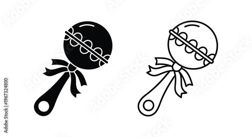 Two baby rattles depicted in a minimalist black and white illustration silhouette
