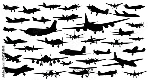 Collection of various airplane silhouettes on a white background.