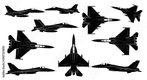 Set of military fighter jet silhouettes in various flight positions.