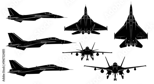 Set of military fighter jets in various views.