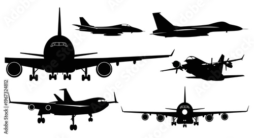 Collection of various airplane silhouettes on a white background.