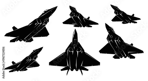 Set of modern fighter jet silhouettes in various flight positions.