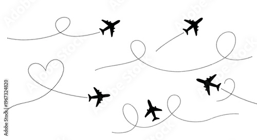 Airplane travel routes with dotted lines and heart shape.