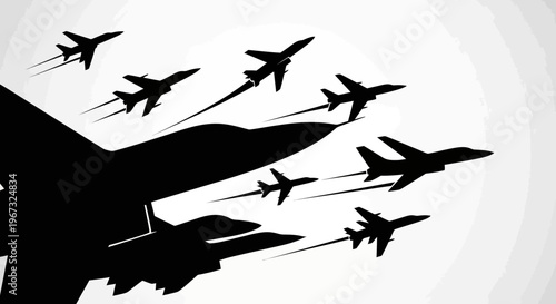 Silhouette of military fighter jets flying in formation against a bright sky.
