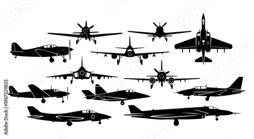 Collection of various airplane silhouettes on a white background.