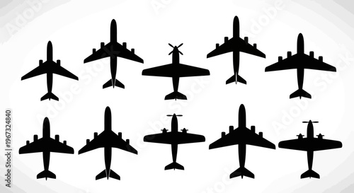 Collection of various airplane silhouettes representing air travel and aviation.