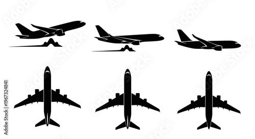 Set of six airplane silhouettes in various views.