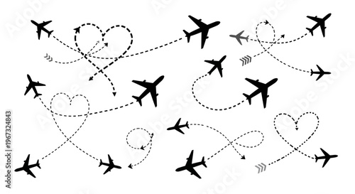 Airplane travel routes with dotted lines and heart shapes.