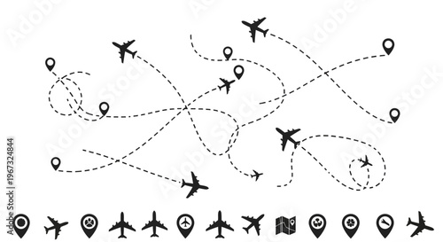 Airplane travel routes with dotted lines and location pins.