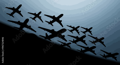 Silhouette of multiple airplanes flying in formation against a bright sky.