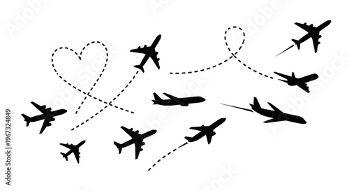Airplane travel routes with dotted lines and heart shape.