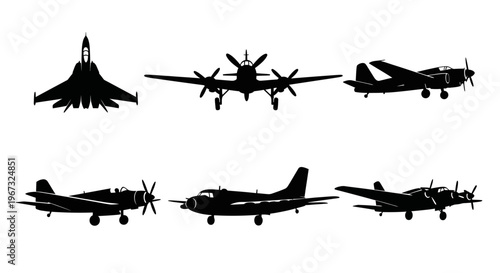 Collection of various airplane silhouettes on a white background, showcasing different types of aircraft from fighter jets to propeller planes.