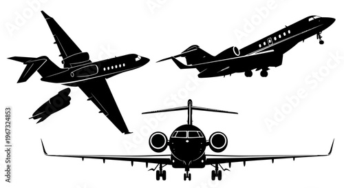 Set of private jet aircraft silhouettes in various flight positions.