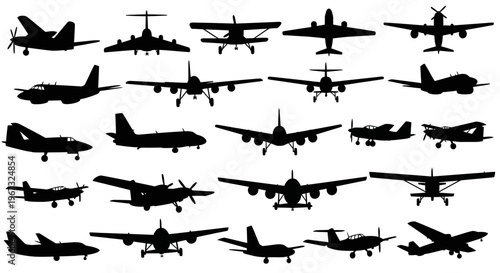 Collection of various airplane silhouettes on a white background, showcasing different models and designs of aircraft.