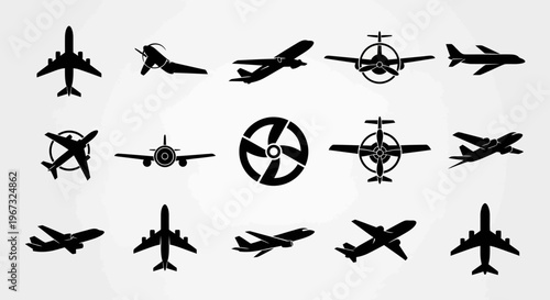 Set of various airplane and propeller silhouettes on a white background.