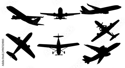 Collection of various airplane silhouettes showcasing different types of aircraft in flight and on the ground.