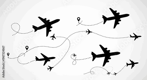 Airplane travel routes with dotted lines and location pins.