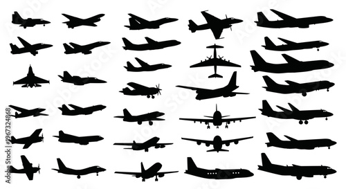 Collection of various airplane silhouettes showcasing different aircraft types and flight positions.