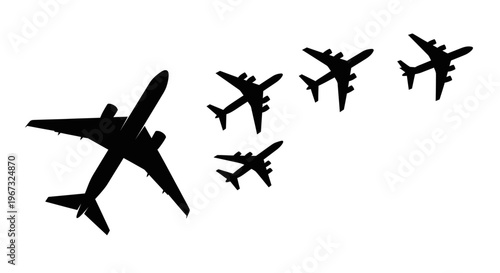 Silhouette of multiple airplanes flying in formation against a white background.