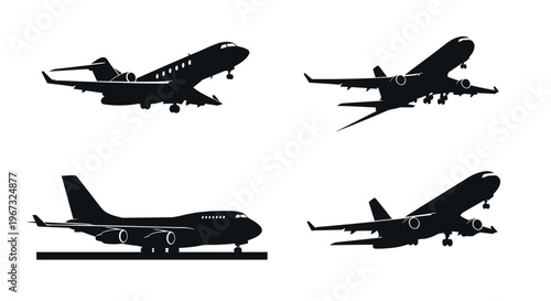 Set of various airplane silhouettes in different flight stages.