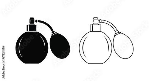 Vintage atomizer bottle depictions in contrasting styles a black silhouette