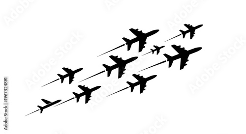 Silhouette of multiple airplanes flying in formation.