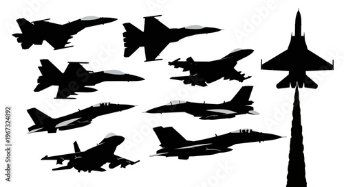 Collection of various fighter jet aircraft silhouettes in different flight positions.