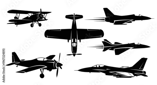 Set of various airplane silhouettes on white background.