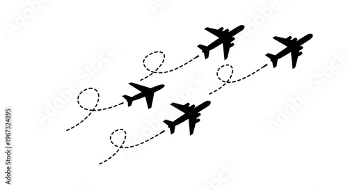 Airplanes flying in formation with dotted line paths, symbolizing travel and aviation.