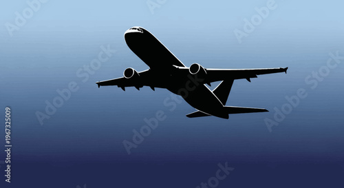 Silhouette of a commercial airplane taking off against a blue sky.