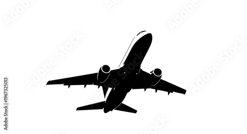 Silhouette of a commercial airplane in flight against a white background.