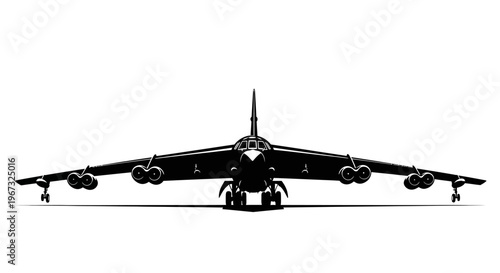 B-52 Stratofortress bomber aircraft front view isolated on white background.