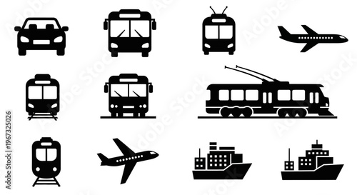Collection of various transportation icons on a white background.