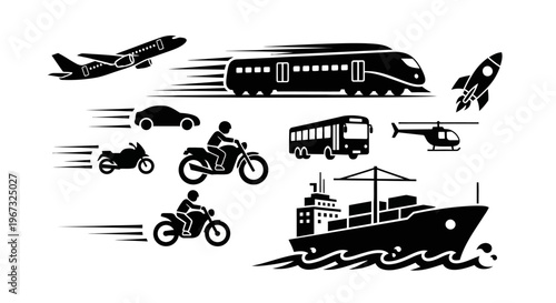 Collection of various transportation methods in black silhouette.