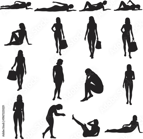 Human silhouette illustration, standing sitting reclining poses, handbag gestures artwork, retro design, vintage figure sketch, posture reference drawing