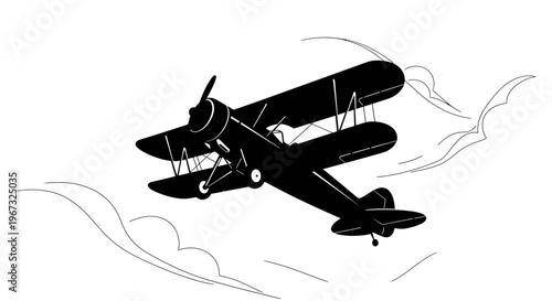 Biplane flying through the clouds, vintage aircraft in flight, classic airplane soaring.