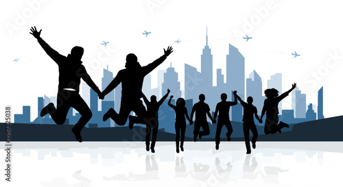 Silhouettes of happy people jumping with joy against a city skyline background.