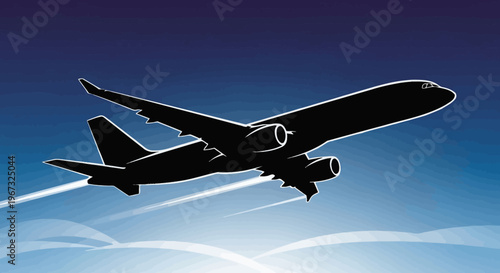 Silhouette of a commercial airplane taking off against a blue sky.