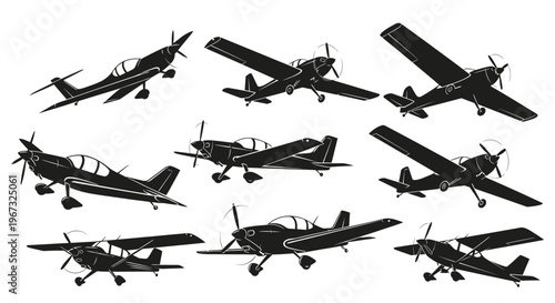 Collection of various small propeller planes in flight and on the ground.