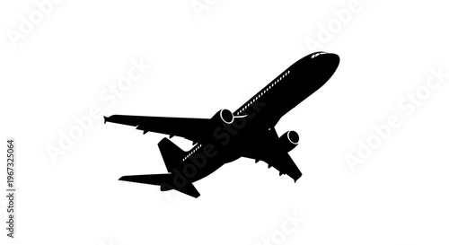Silhouette of a commercial airplane taking off against a white background.