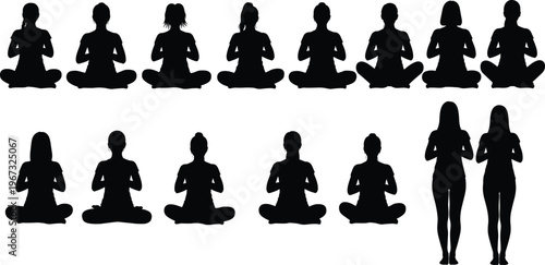 Set of Women Silhouettes Practicing Yoga and Meditation in Sitting Lotus Pose and Standing Prayer Position Isolated on White Background Vector