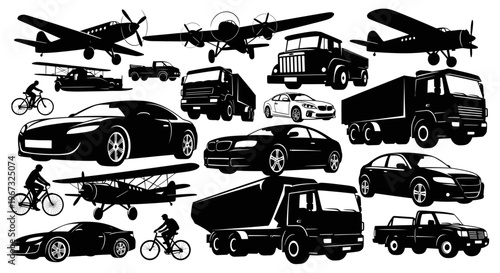 Collection of various transportation vehicles in silhouette.