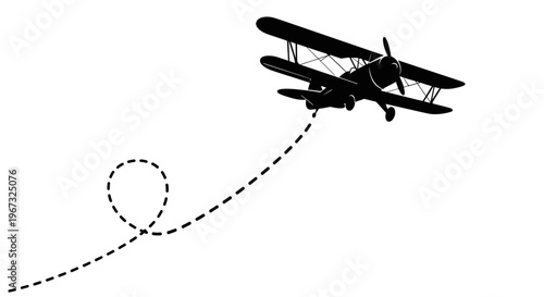 Biplane silhouette flying with a dotted path on a white background.