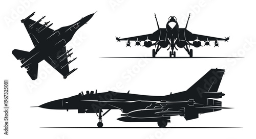 Silhouettes of military fighter jets in various views.
