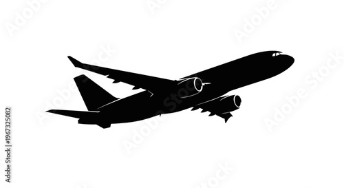 Silhouette of a commercial airplane taking off against a white background, symbolizing travel and aviation.