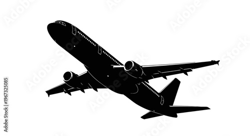 Silhouette of a commercial airplane taking off against a white background.